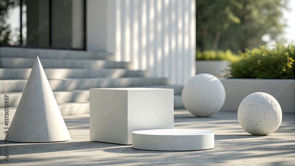Poster a white cube and three white spheres are arranged on a concrete surface