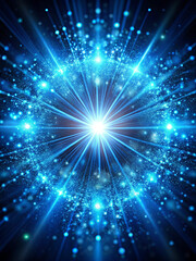Naklejka premium A digital abstract composition with glowing blue particles and soft light rays emanating from a central focal point 