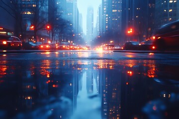 Fototapeta premium Rainy city night street reflection.