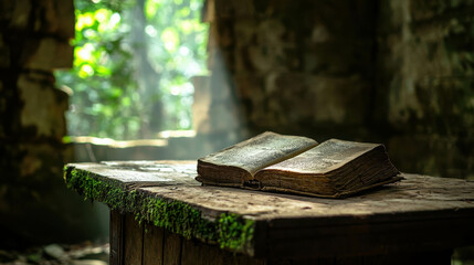 Ancient Library Uncovered in Jungle with Mossy Stone Walls and Sunlight Beams