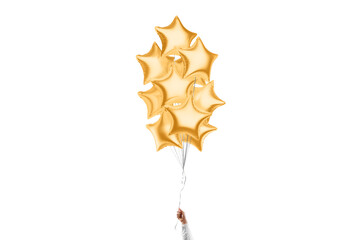 Hand holding blank gold star balloon bouquet mockup, isolated