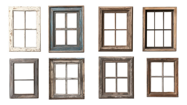 Rustic wooden window frames set of 8 PNG, vintage house window panels, brown and white distressed frame collection