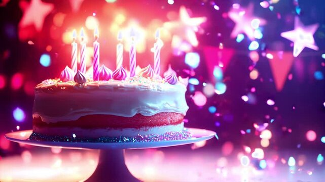 Elegant birthday cake with pastel candles and holographic confetti background scene. Birthday cake with flickering candles.