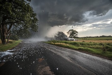 Dramatic hailstorm strikes rural landscape capturing nature's fury on a country road atmospheric conditions eye-level perspective storm concept