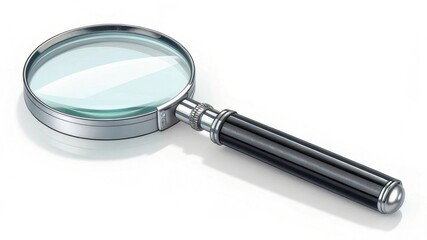 A sleek, silver-handled magnifying glass with a clear lens, ideal for inspecting details and enhancing visibility.