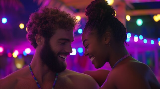 Happy young couple smiling at night party.