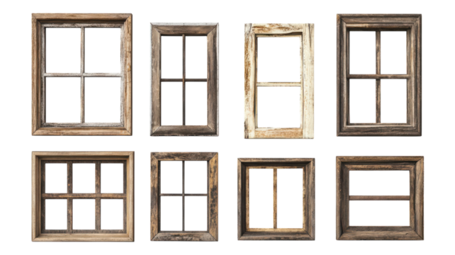 Various rustic wooden window frames arranged on a transparent background, showcasing diverse shapes and finishes for design inspiration.