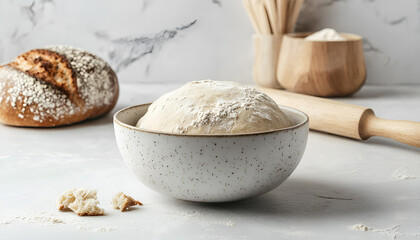 Fototapeta premium Bowl of fresh yeast dough with flour, rolling pin and fresh sourdough bread on white stone background. Baking, pastry concept