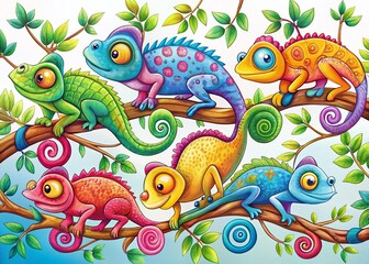 Obraz premium Adorable Cartoon Chameleons Coloring Book Page: Fun Anti-Stress Illustration for Kids
