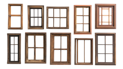 A collection of ten wooden window frames in various styles and colors, arranged to showcase diverse designs and textures.