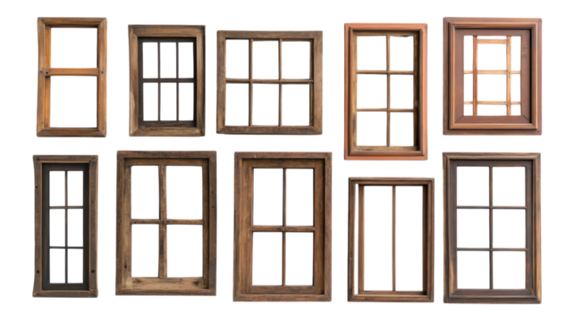 A collection of ten wooden window frames in various styles and colors, arranged to showcase diverse designs and textures.
