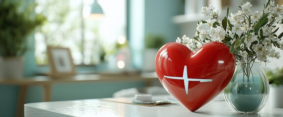 Red heart with plus sign, flowers in vase on table.