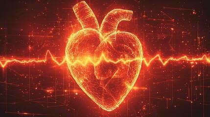 Glowing digital heart with EKG line.