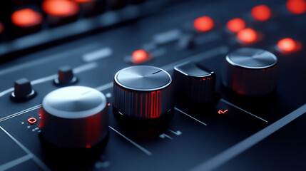 Close-up of metallic knobs and buttons on a dark control panel with red lights.