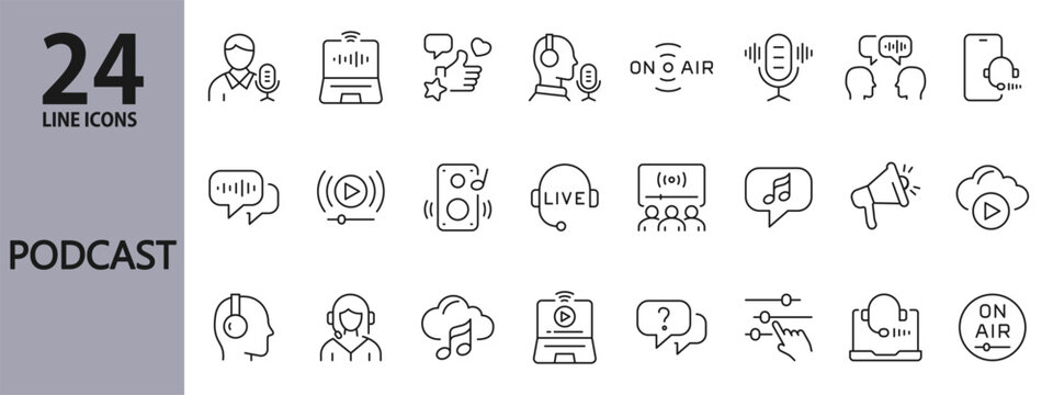Podcast line icons set with Audio, Microphone, Live, Streaming, Voice, Podcaster, Broadcasting, Sound and more. Editable Stroke