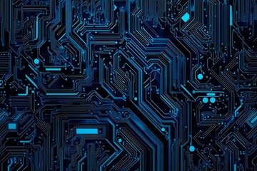 Abstract close-up of a glowing blue digital circuit board, showcasing intricate connections and technological design on a black background.

