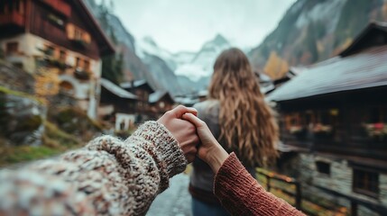 Fototapeta premium A couple holding hands while exploring a picturesque village in the mountains