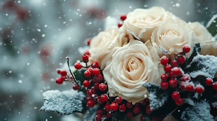 Fototapeta premium Closeup of a wedding bouquet with winter flowers including white roses and holly berries against a snowy background