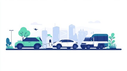 A modern illustration of electric vehicles charging in an urban setting, surrounded by greenery and city skyline, symbolizing sustainable transportation.