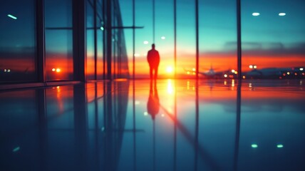 Early morning flight boarding airport terminal travel scene urban environment wide angle view serenity concept
