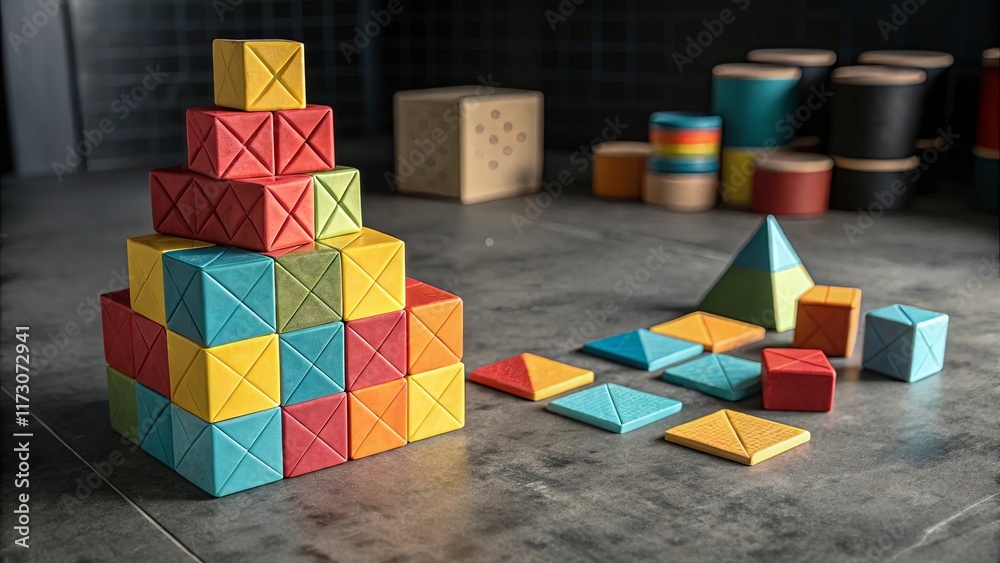 Poster A stack of colorful blocks with a pyramid on top