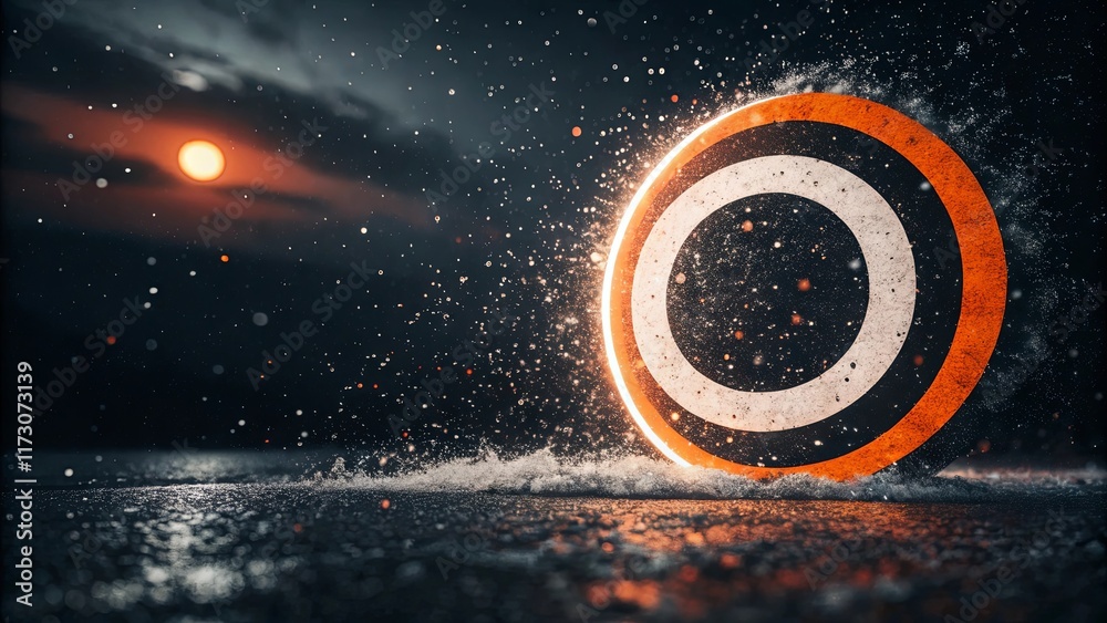 Poster a circle with an orange and black border is surrounded by a splash of water