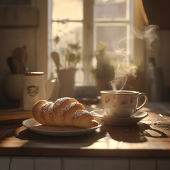 Cozy Morning Bliss: Powdered Croissant and Steamy Coffee in a Kitchen Setting
