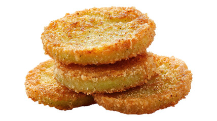 Crispy fried green tomatoes stacked on a white background ready to be served as a delicious Southern appetizer.