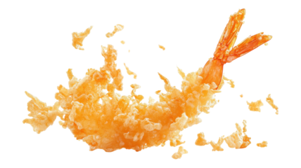 Crispy fried shrimp jumping out of a deep fryer with splashes of batter in bright golden color at a seafood restaurant kitchen.