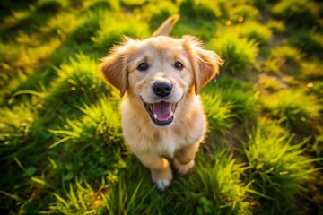 Adorable Golden Retriever Puppy Playing in Lush Green Field - Aerial View