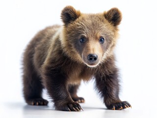Fototapeta premium Adorable Grizzly Bear Cub Walking, Tilt-Shift Miniature Effect, Isolated on White Background
