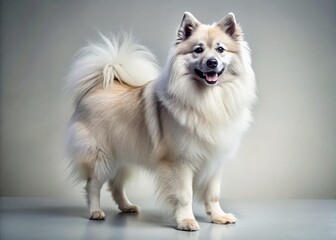 Obraz premium Adorable Keeshond Dog Standing, Fluffy White Dog Portrait, Pet Photography