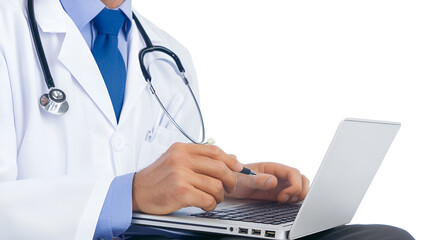 Doctor with a stethoscope writing on a laptop, professional setting, white background, copy space