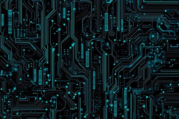 Abstract close-up of a glowing blue digital circuit board, showcasing intricate connections and technological design on a black background.
