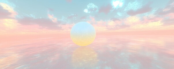 A serene landscape featuring a large orb reflecting soft pastel colors in a tranquil atmosphere.