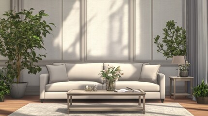 Stylish living room showcasing a mock-up wall texture background, a neutral-toned sofa, and a coffee table with elegant decor pieces.