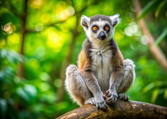 Obraz premium Adorable Lemur Posing on Branch, Copy Space for Text - Wildlife Stock Photo