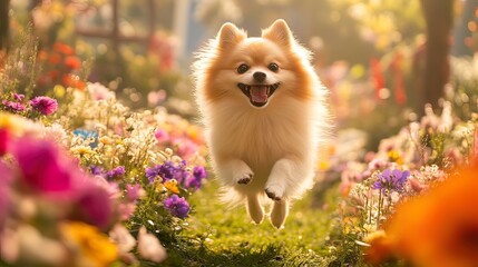 Fototapeta premium Happy Pomeranian dog running through a vibrant flower garden in sunlight.
