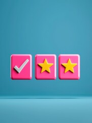 Three pink checkmark boxes with stars graphic design modern setting