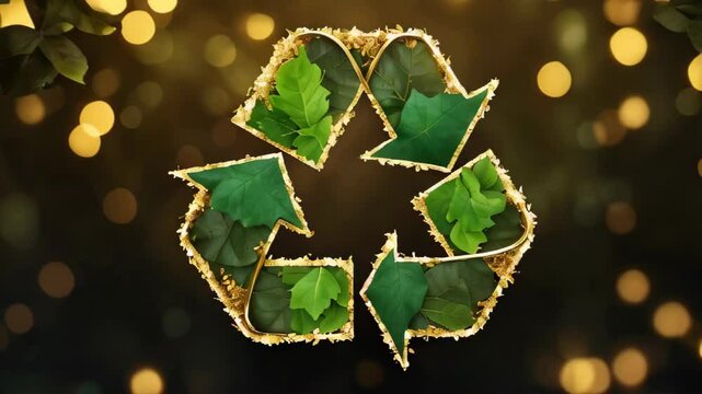 A green leafy symbol with arrows pointing to it, representing the concept of recycling. The image has a mood of environmental awareness and sustainability
