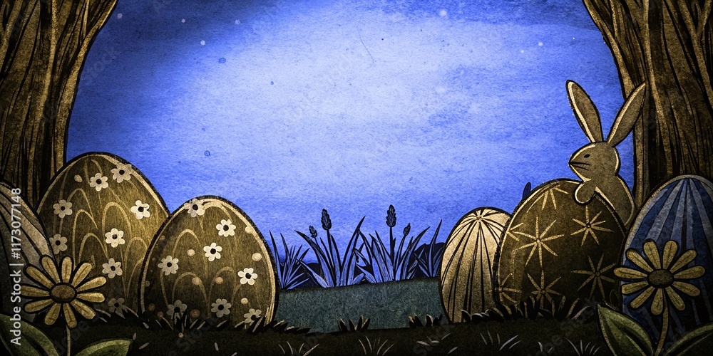 Poster a rabbit is sitting in a field of easter eggs