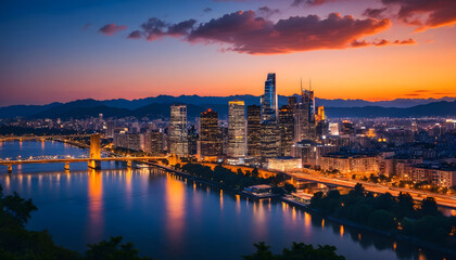 Fototapeta premium Stunning Twilight Cityscape with River and Illuminated Skyline