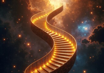 Intricate spiral staircase illuminated by warm lights against a cosmic backdrop