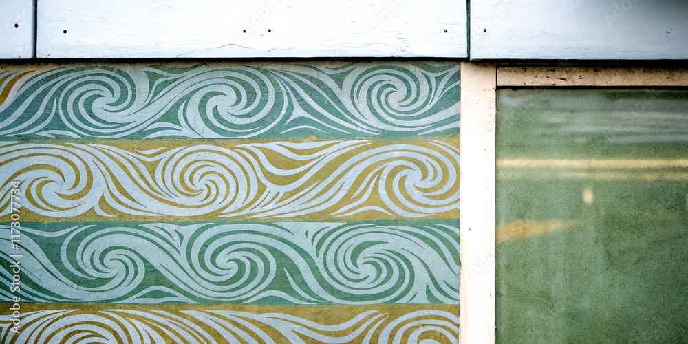 Aufkleber A wall with a pattern of waves and a window with a green frame