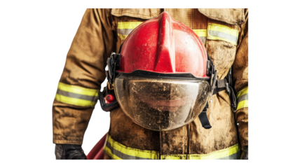Firefighter in protective gear stands ready with a hose after battling flames in an urban setting during the day.