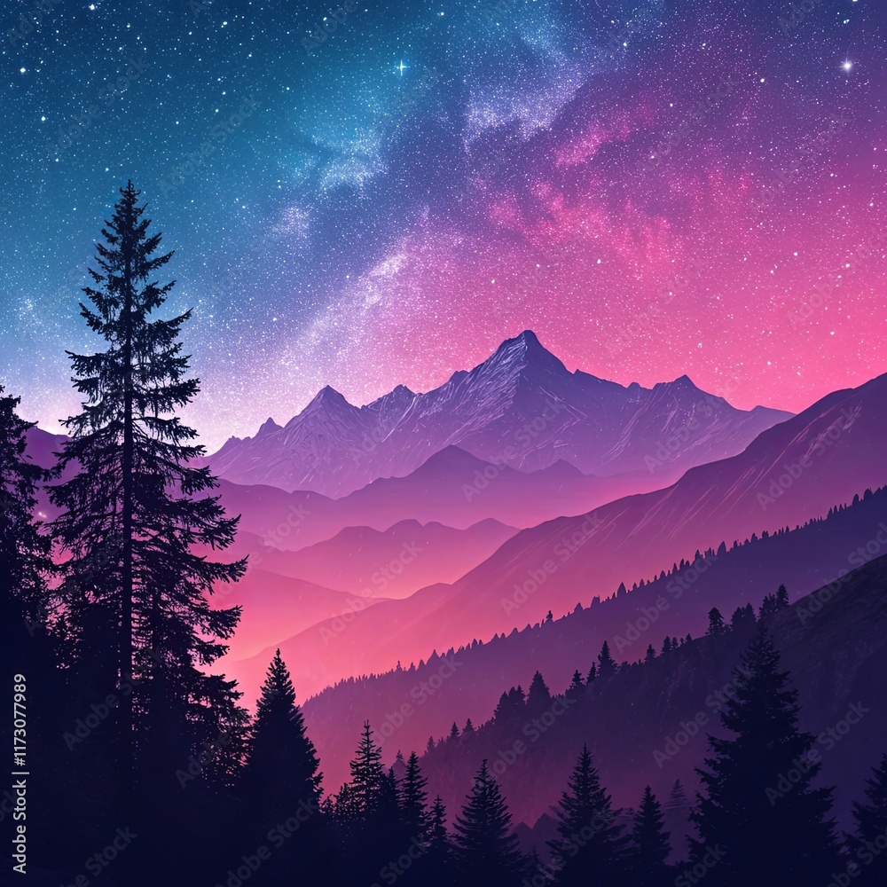 Poster a beautiful mountain range with a purple sky and a tree in the foreground
