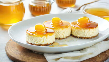 Fototapeta premium Delicious mini cheesecakes topped with golden syrup and egg yolks on a wooden platter in a cozy kitchen setting