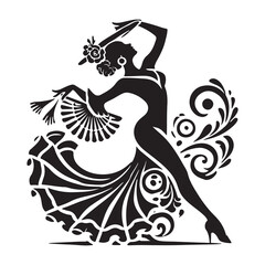 Flamenco Silhouette Vector Illustration, Solid White Background.