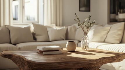 Warm and inviting living room with a rustic wooden coffee table, surrounded by neutral furniture, ideal for a product display setup