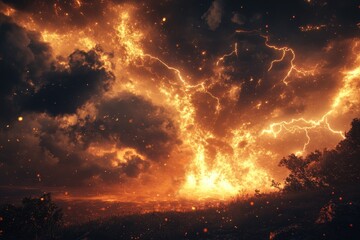 Obraz premium Fiery Inferno Sky Dramatic Lightning Landscape